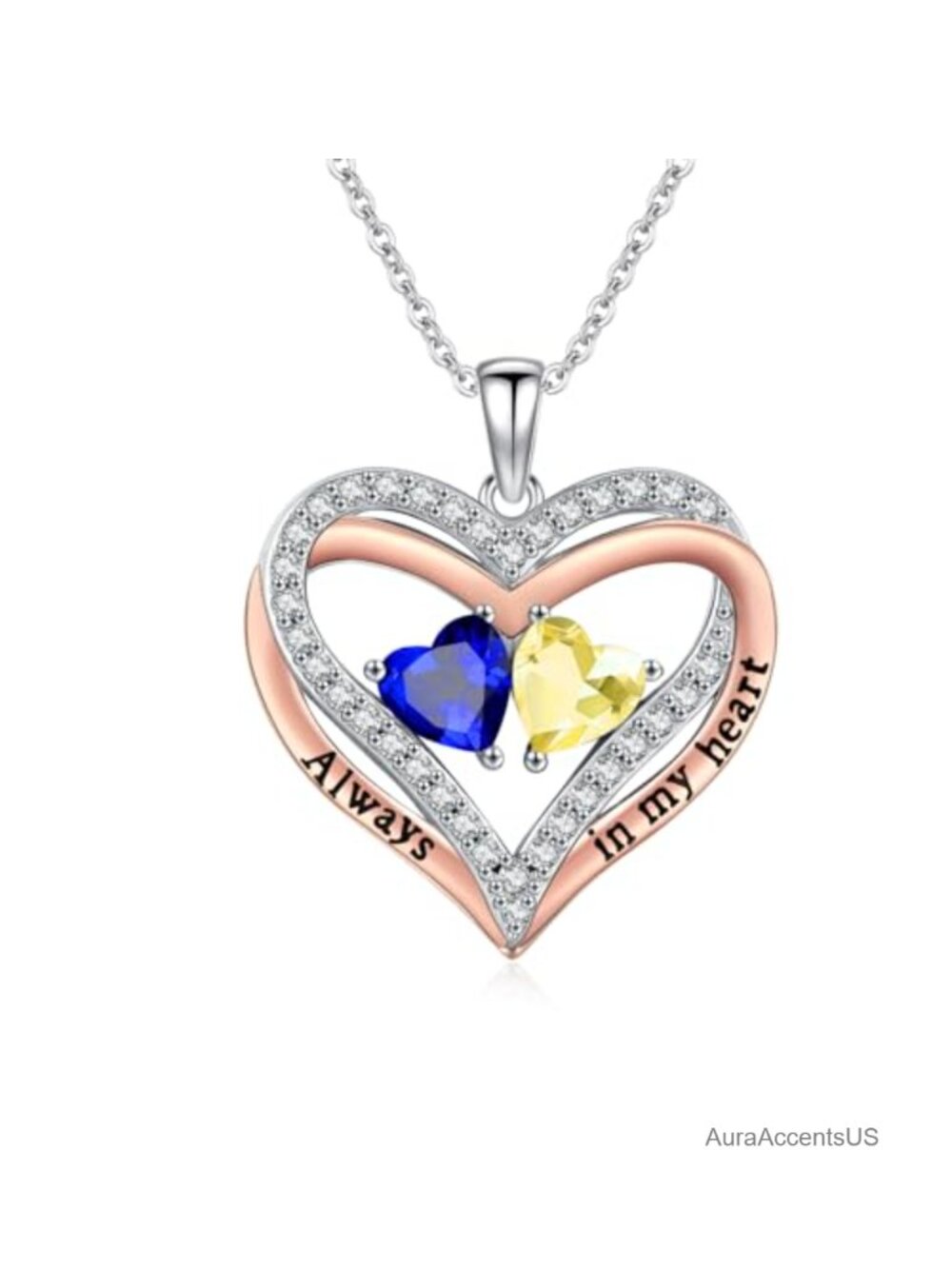 14K Rose Gold Plated Double Heart Birthstone Pendant Necklace for Women
